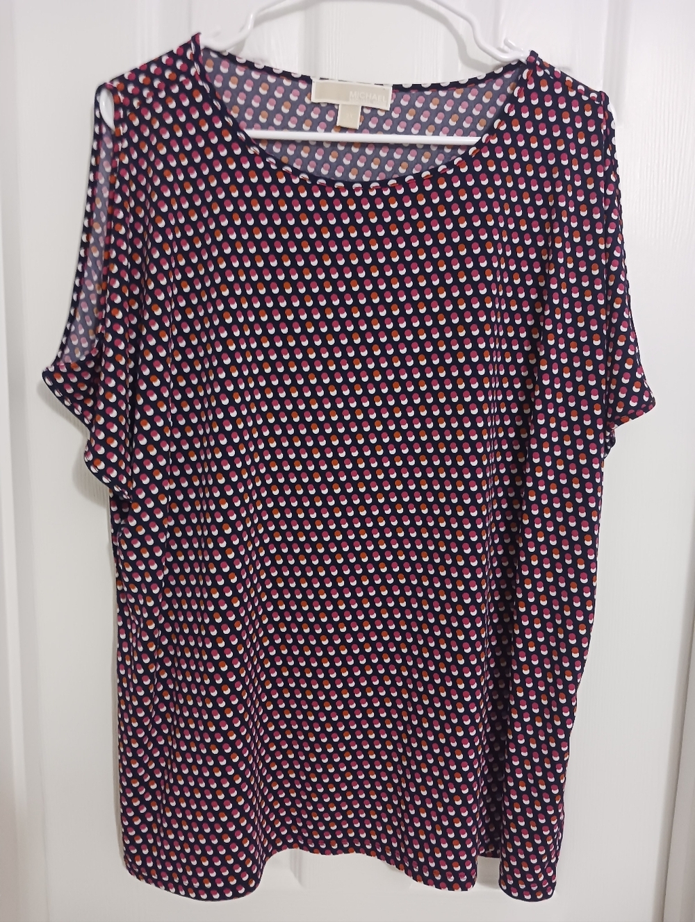 Michael Kors Plus Knit Dot Print Open Shoulder Blouse Navy Red 2XL
